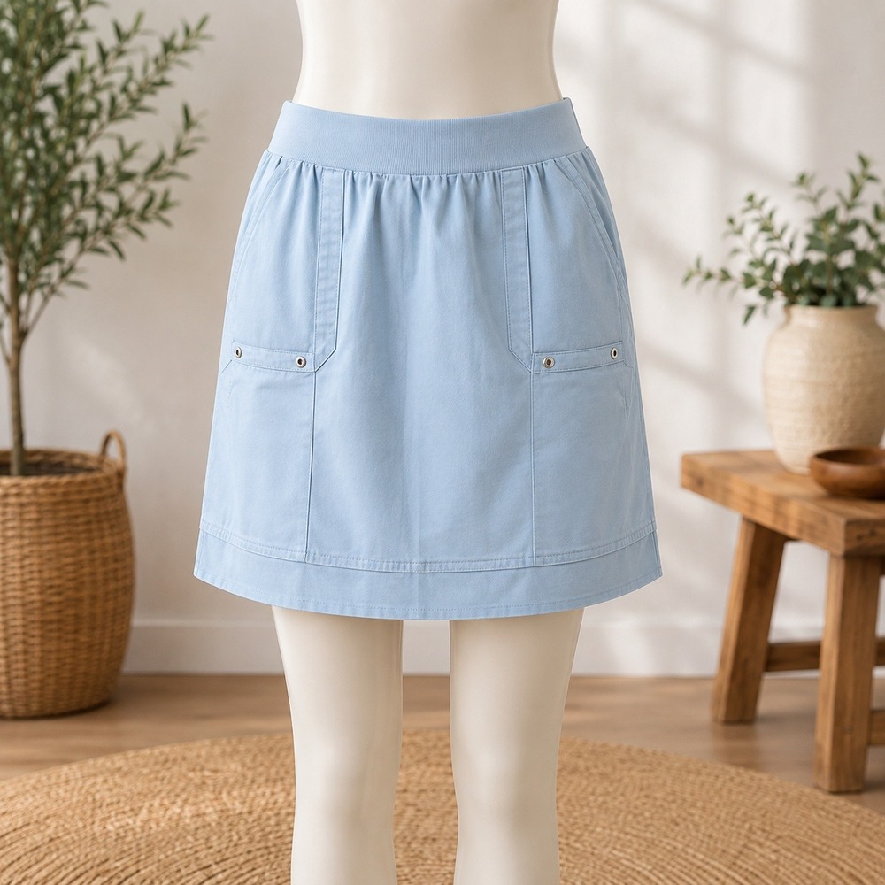 NEW Denim & Co Skirt Womens XL Blue Ribbed Waist Grommet Pocket Raw Hem Casual